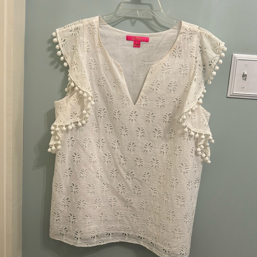 LILLY PULITZER WHITE EYELET PALM TREES TOP